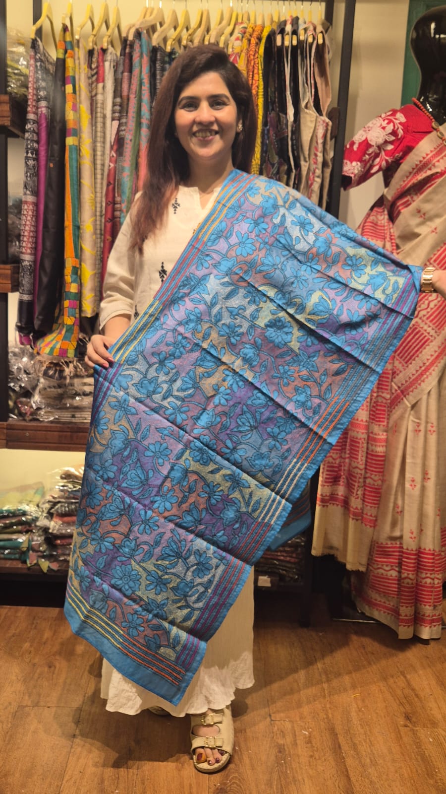 Sky Blue Floral Kantha Silk Stole