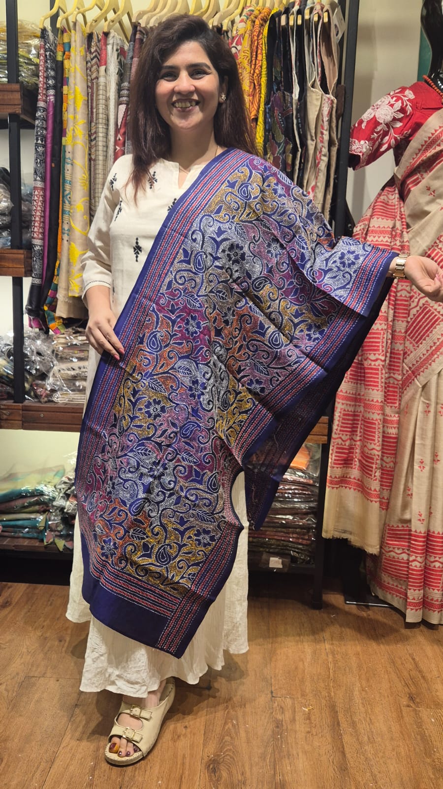 Navy Blue Multicolour Kantha Silk Stole
