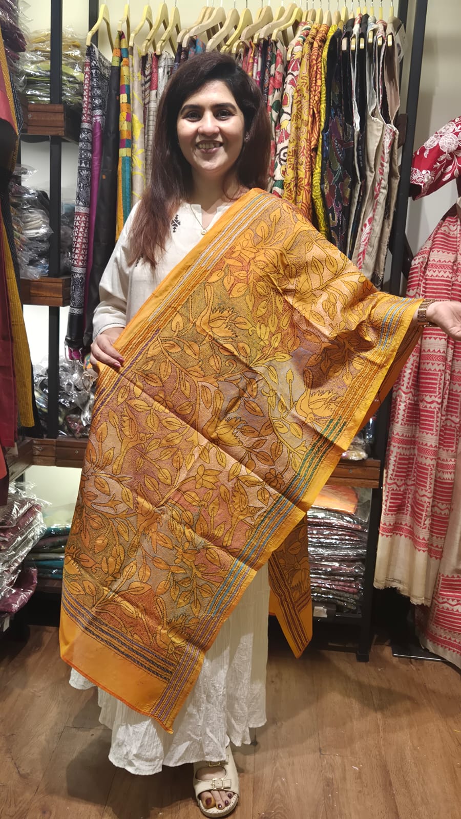 Mustard Floral Kantha Silk Stole