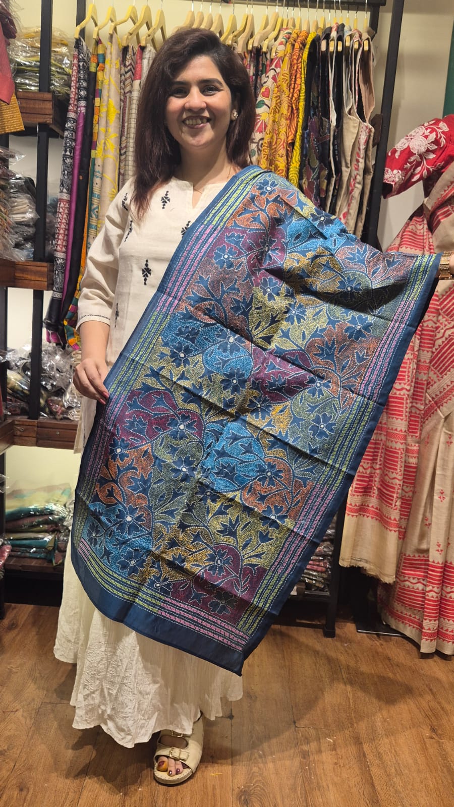 Teal Blue Multicolour Kantha Silk Stole