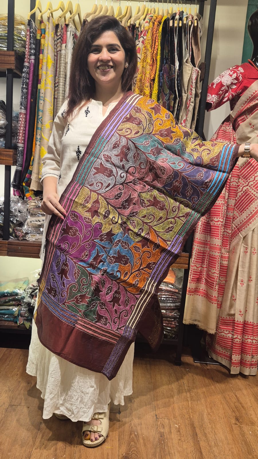 Maroon Rainbow Kantha Silk Stole