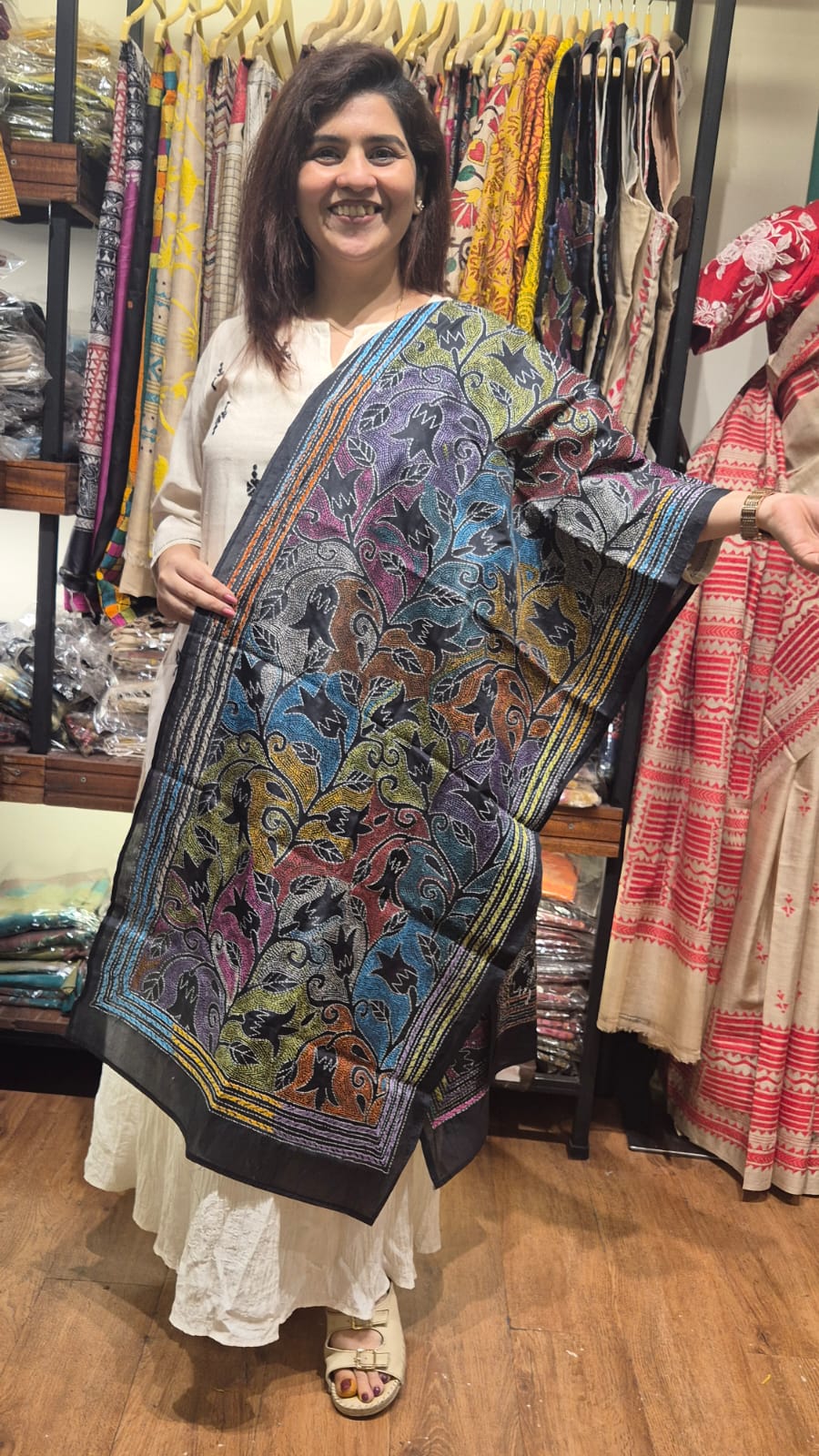 Black Multicolour Kantha Silk Stole