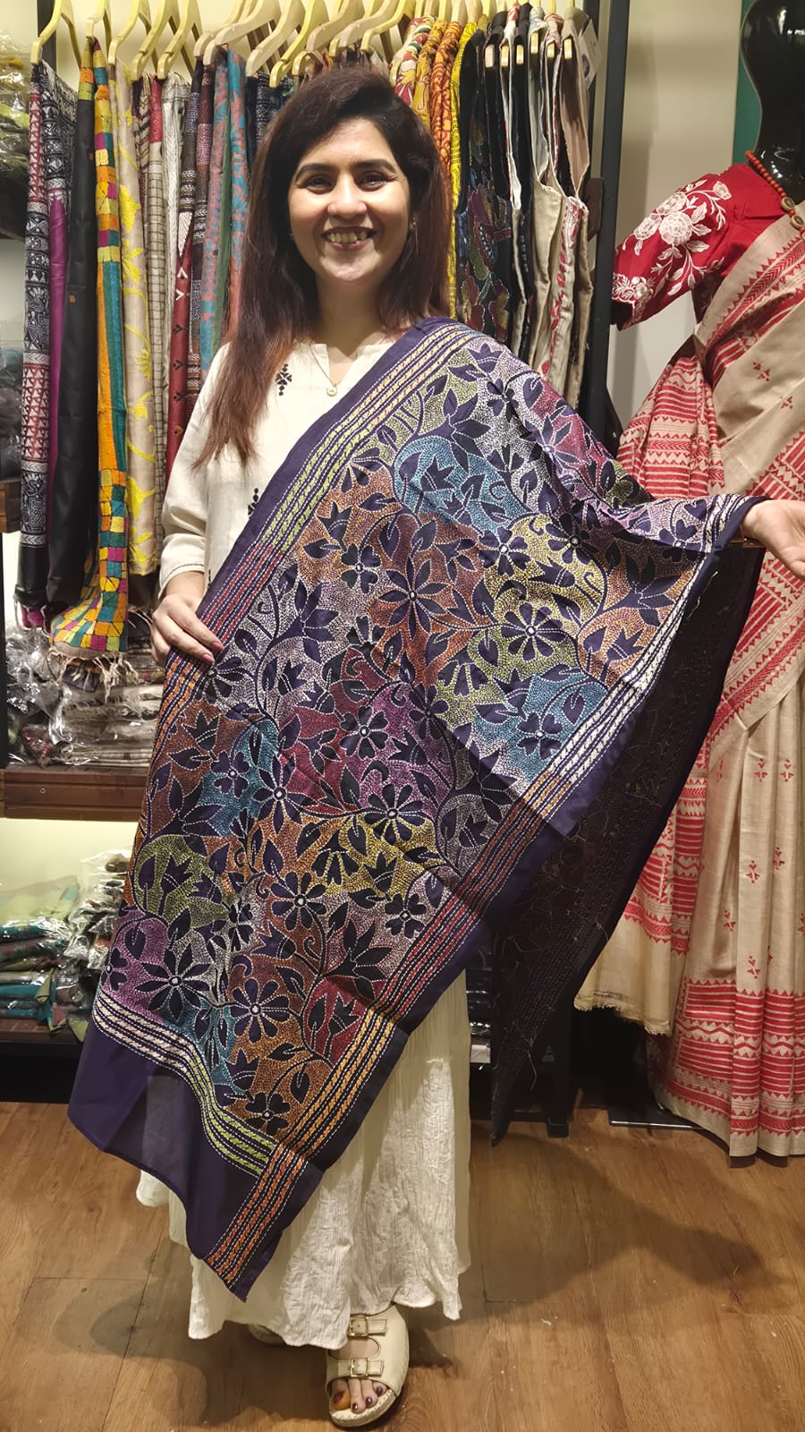 Dark Purple Multicolour Kantha Silk Stole