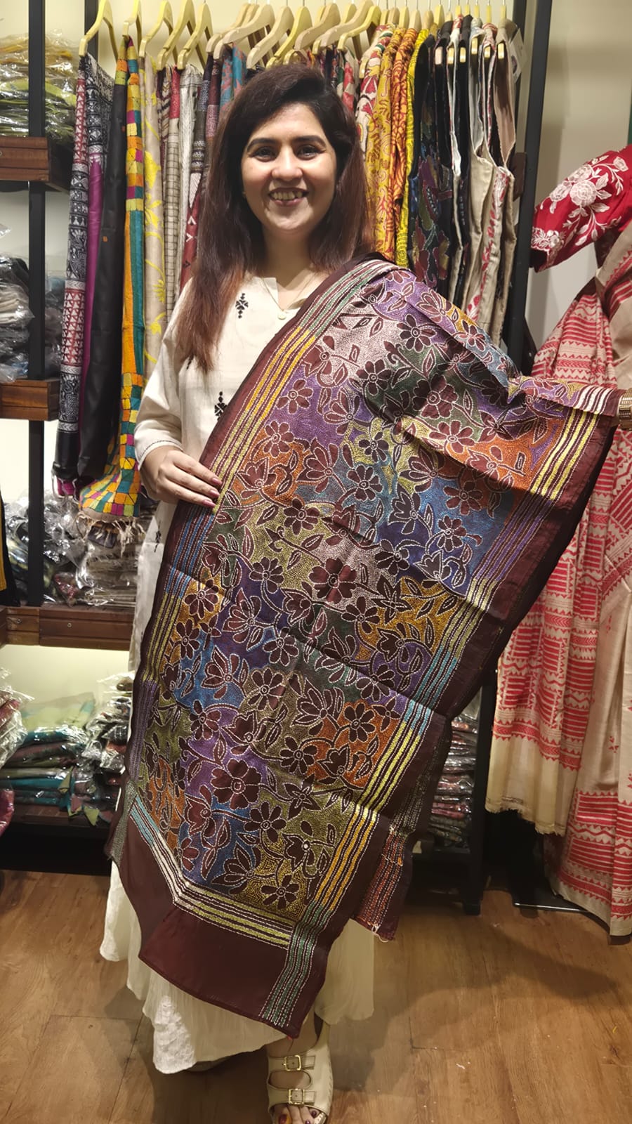 Brown Multicolour Kantha Silk Stole