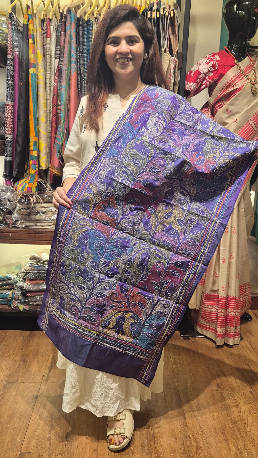Lavender Multicolour Kantha Silk Stole