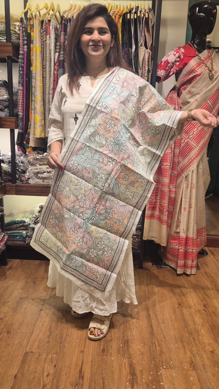 White Pastel Kantha Silk Stole