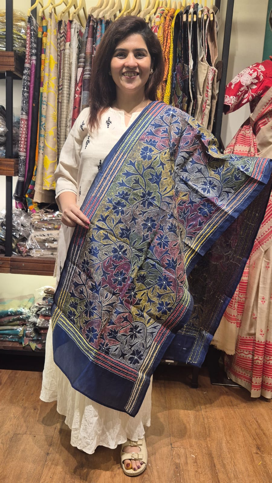 Navy Blue Floral Kantha Silk Stole