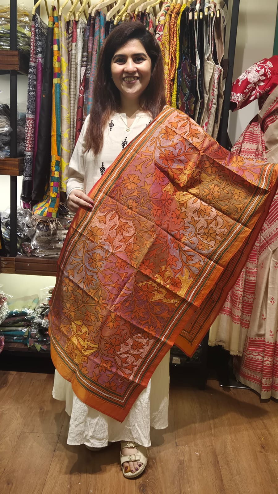 Orange Floral Kantha Silk Stole