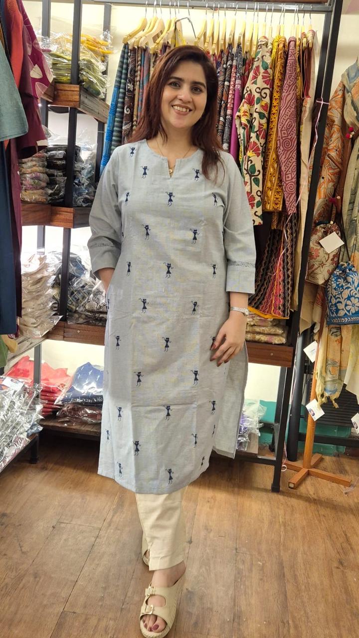 Light Blue Check Cotton Long Kurti