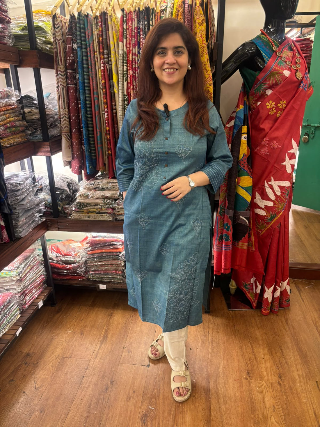 Teal Blue Khadi Silk Long Kurti