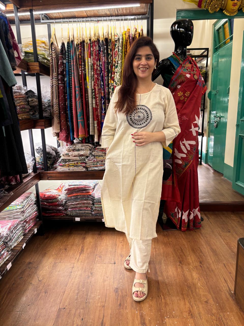 White Mandala Cotton Long Kurti