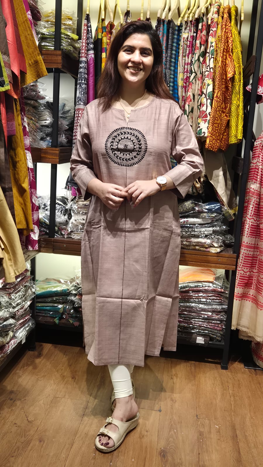 Light Mocha Black Mandala Cotton Long Kurti