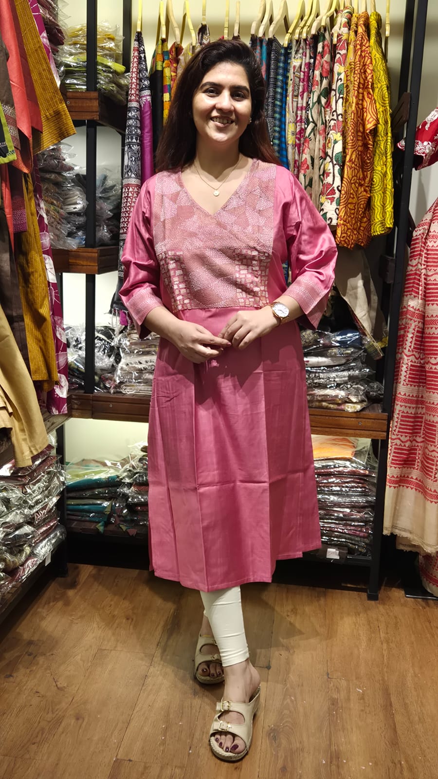 Pink Tussar Silk Long Kurti