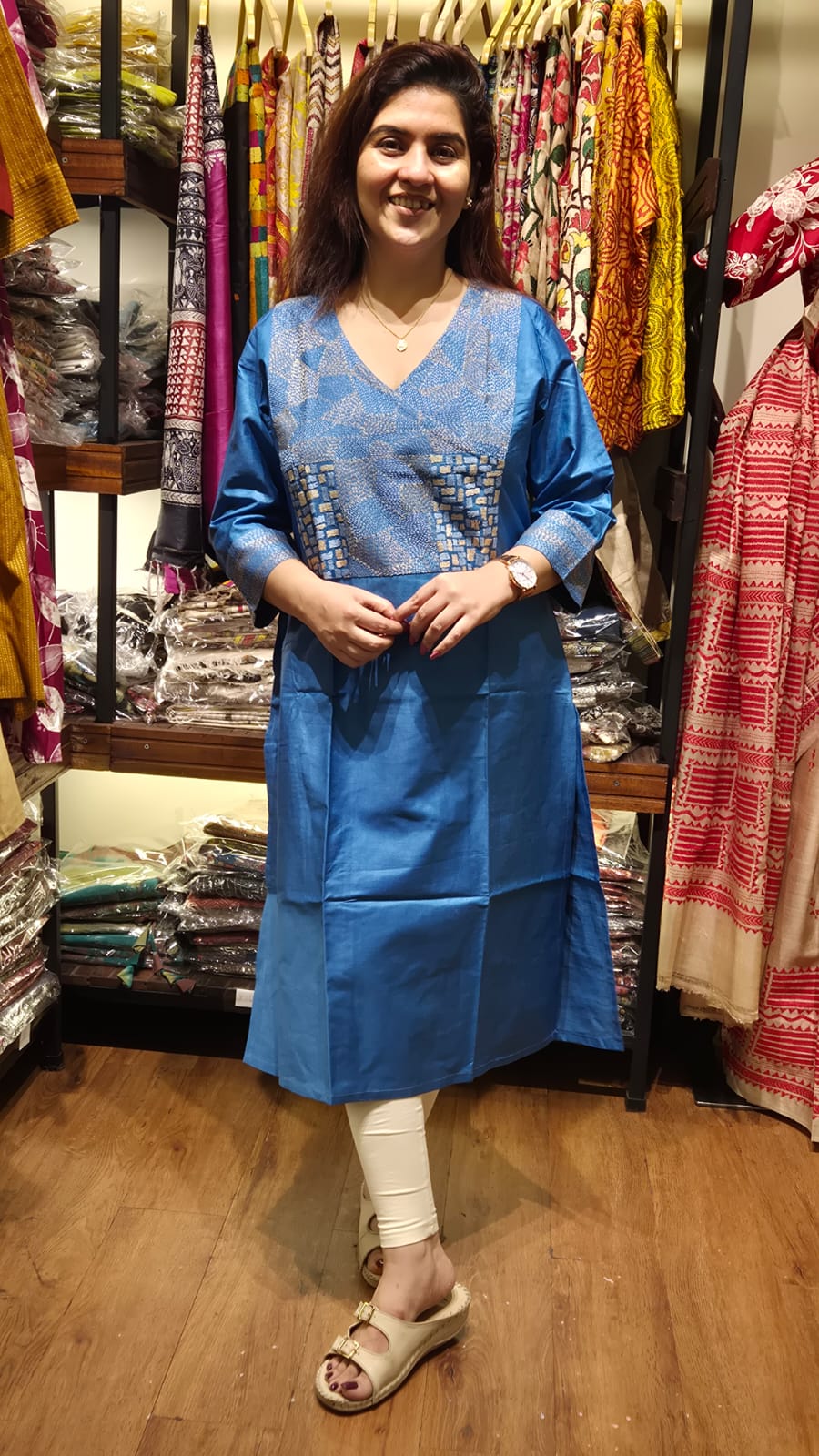 Light Blue Tussar Silk Long Kurti