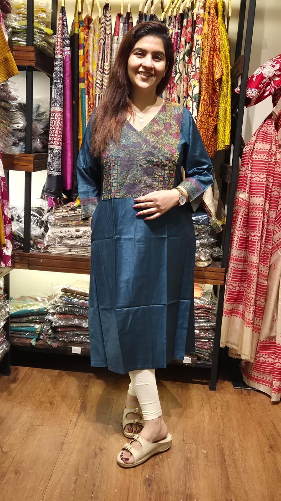Blue Green Tussar Silk Long Kurti