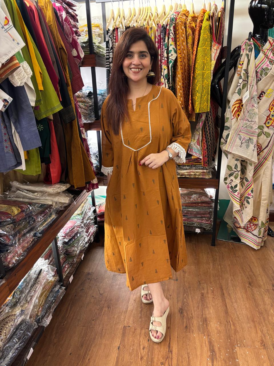 Brown Jamdani Lace Khadi Cotton Dress
