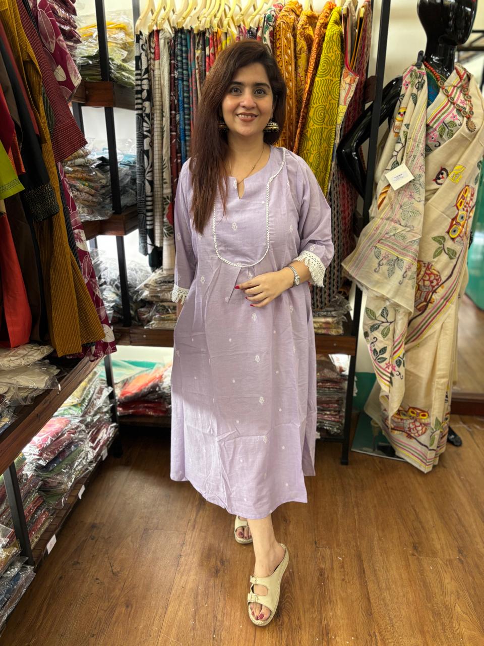 Lavender Jamdani Lace Khadi Cotton Dress