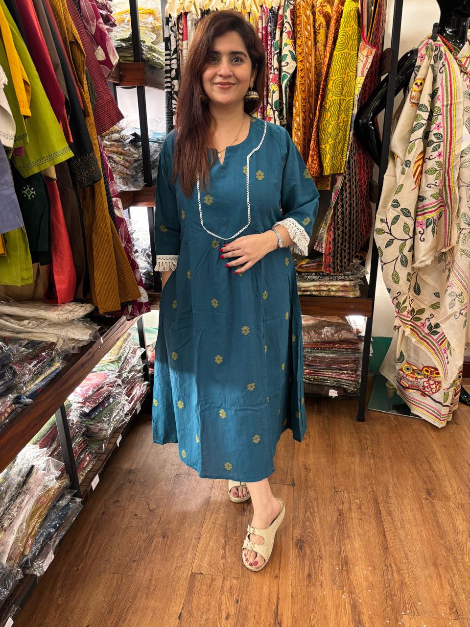 Teal Blue Jamdani Lace Khadi Cotton Dress
