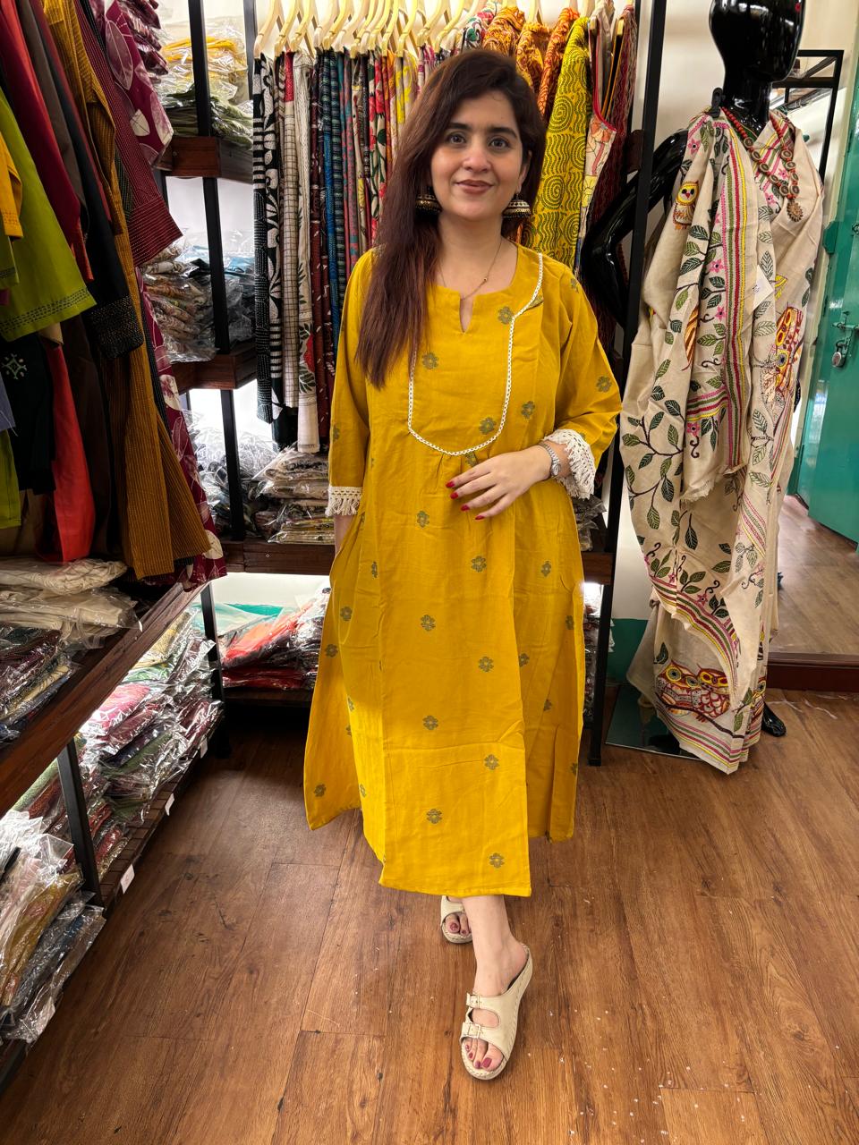 Yellow Jamdani Lace Khadi Cotton Dress
