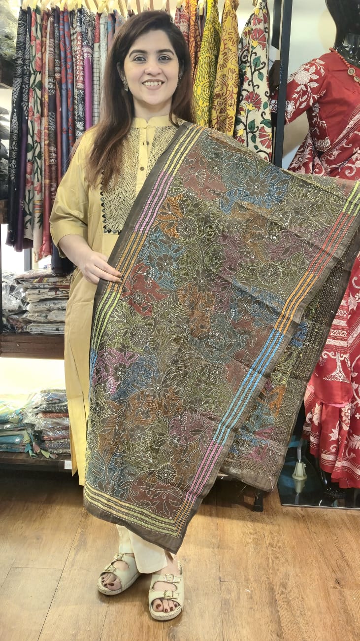Olive Multicolour Kantha Silk Stole