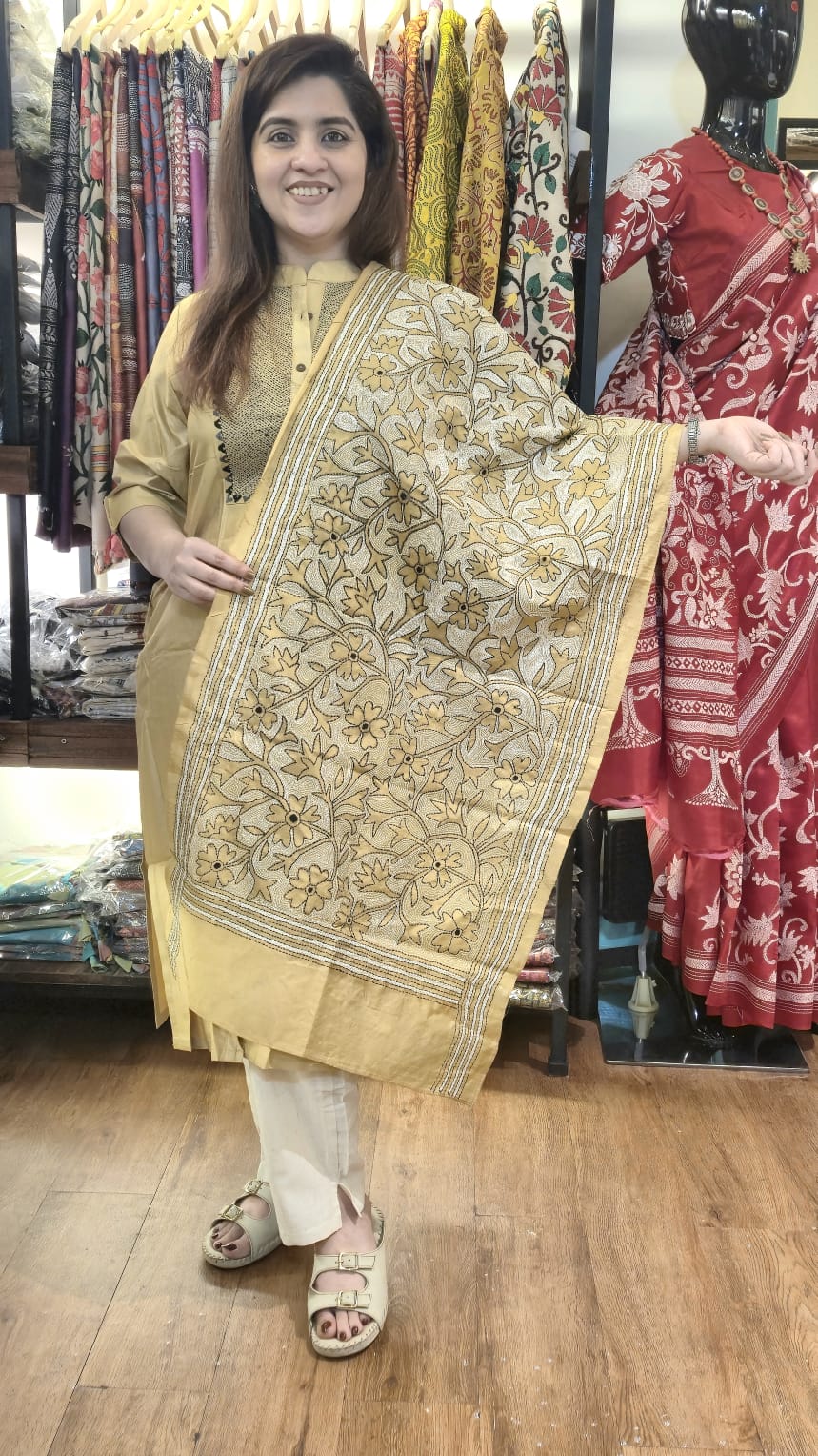 Beige Floral Kantha Silk Stole