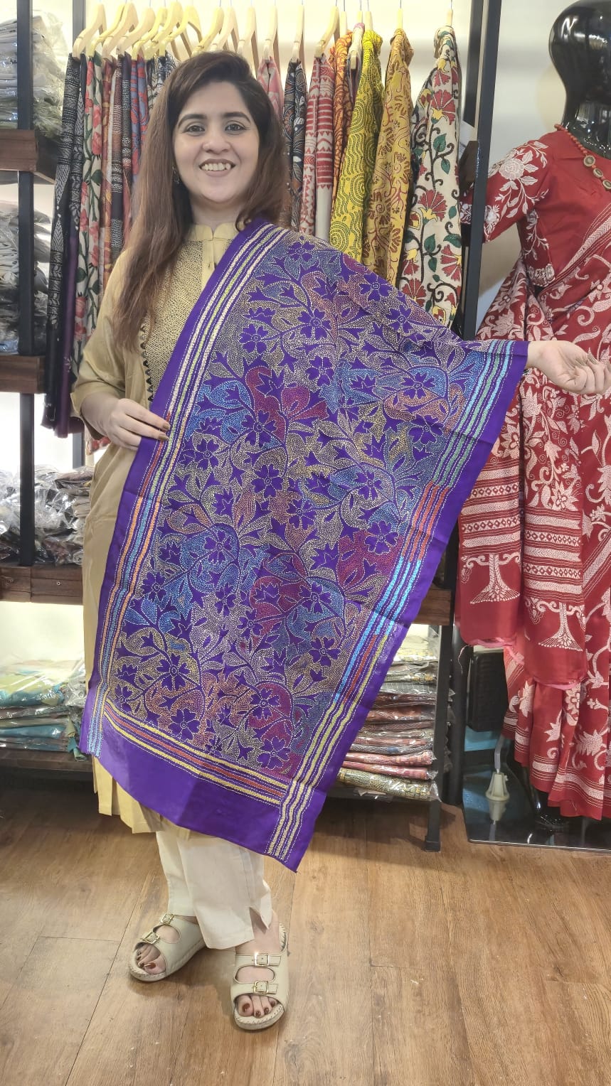 Violet Floral Kantha Silk Stole