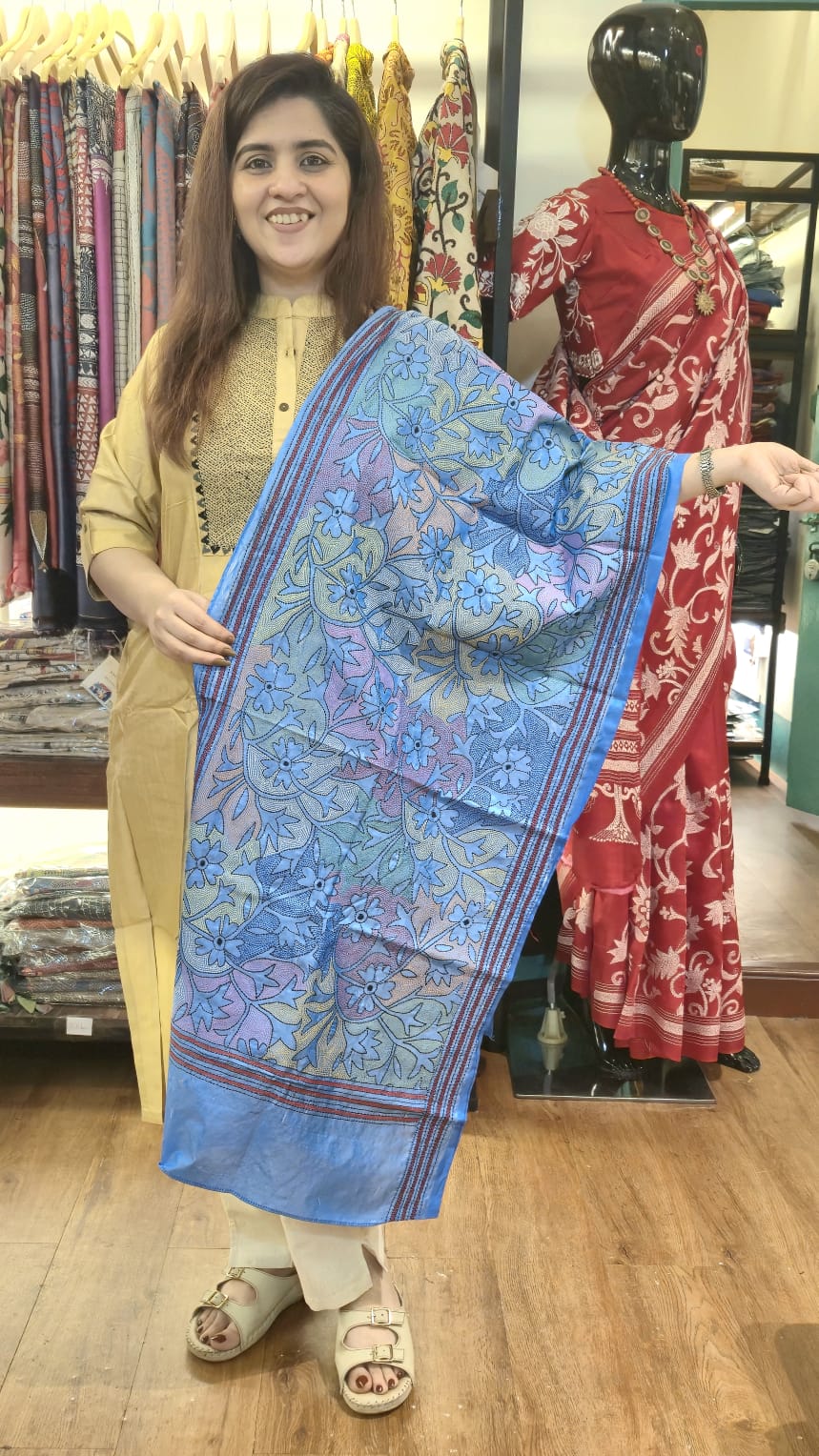 Powder Blue Floral Kantha Silk Stole