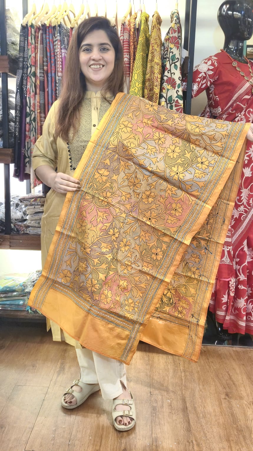 Peach Orange Floral Kantha Silk Stole