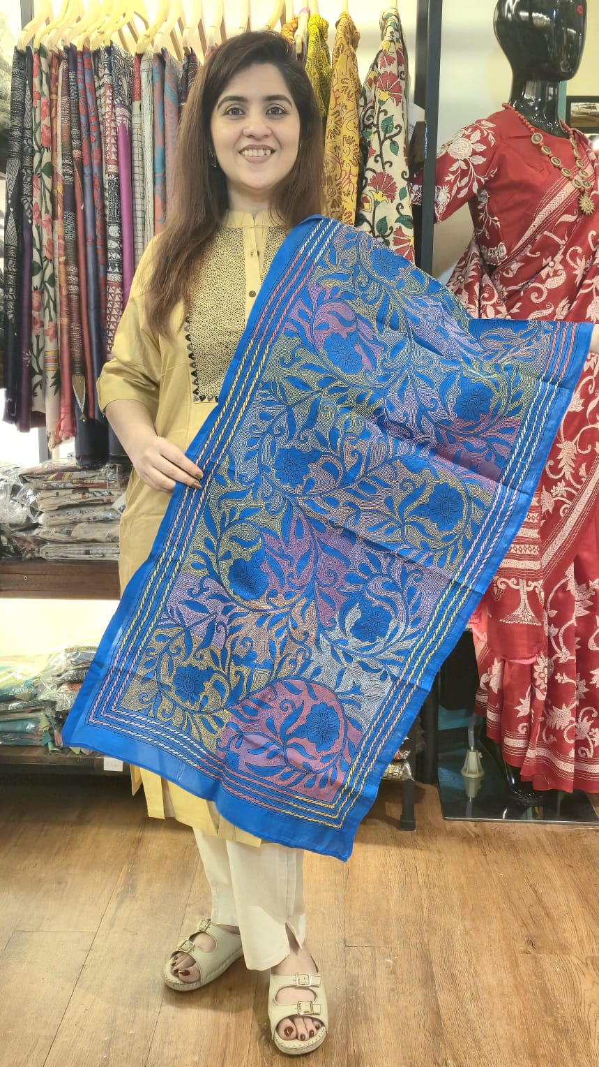 Cobalt Blue Floral Kantha Silk Stole