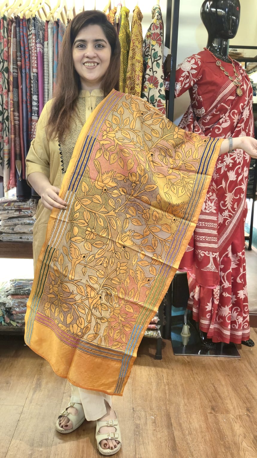 Amber Leaf Kantha Silk Stole