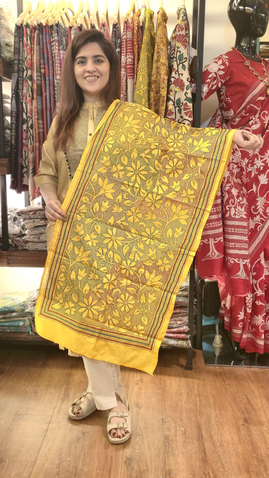 Golden Yellow Floral Kantha Silk Stole