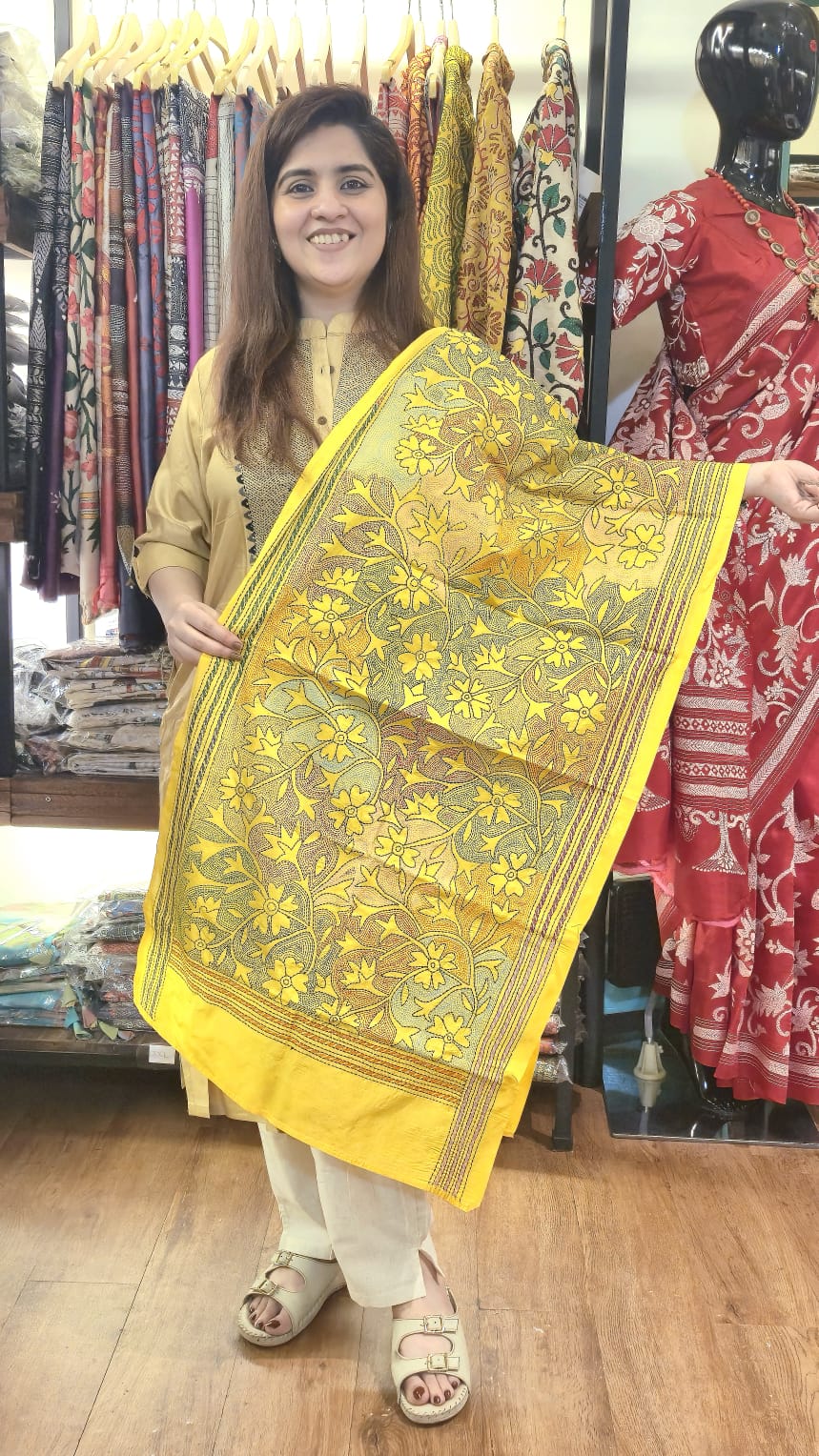 Bright Yellow Floral Kantha Silk Stole