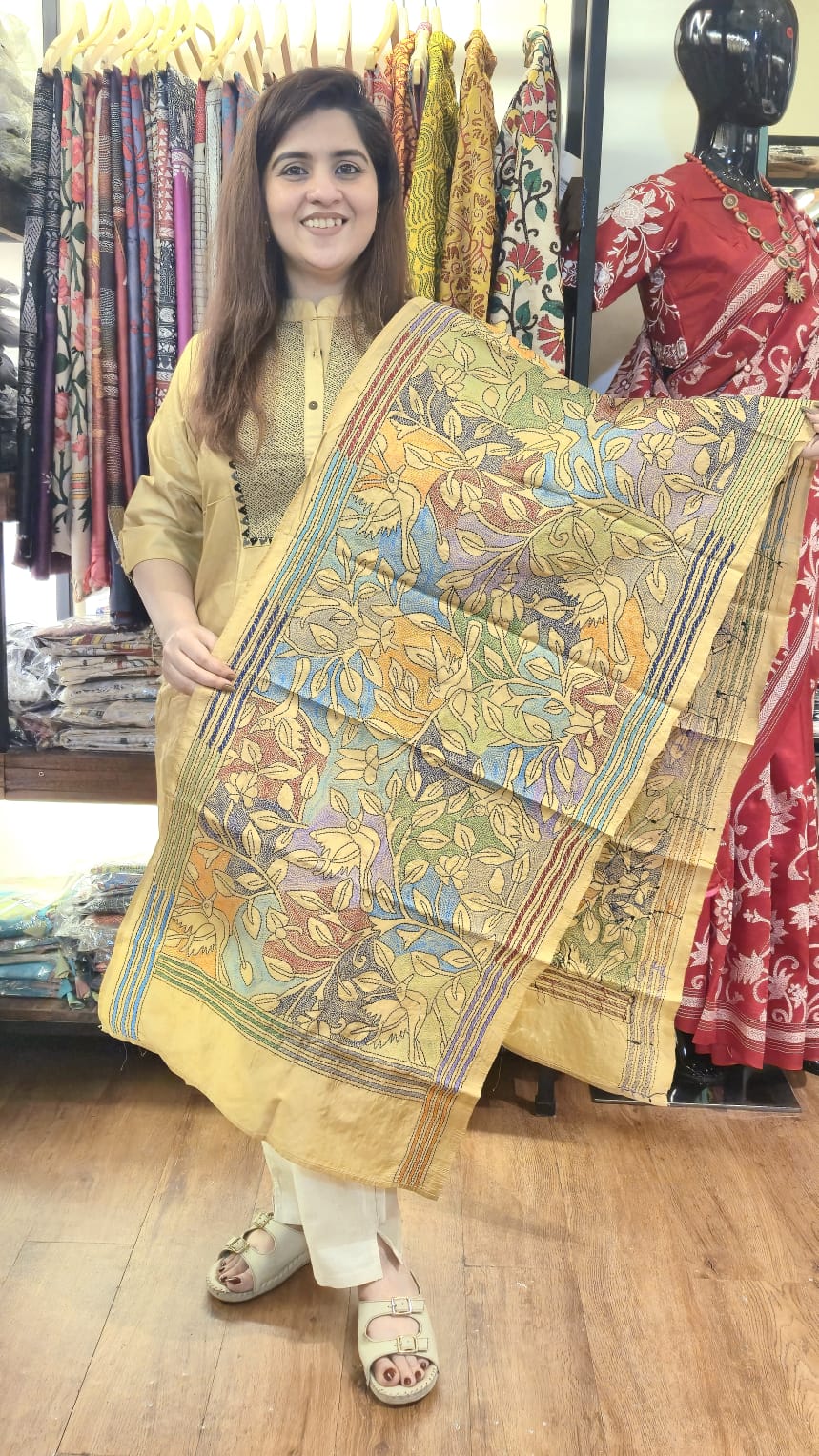 Sand Pastel Multicolour Kantha Silk Stole