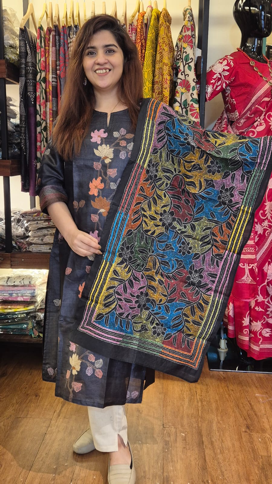 Midnight Multicolour Kantha Silk Stole