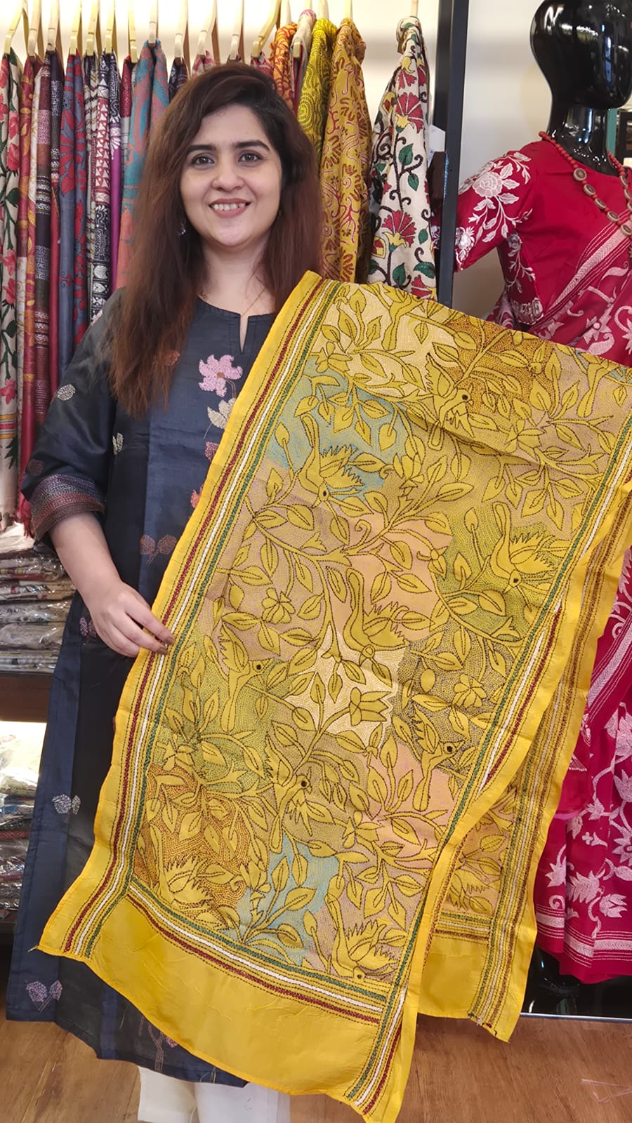 Mustard Yellow Leaf Kantha Silk Stole