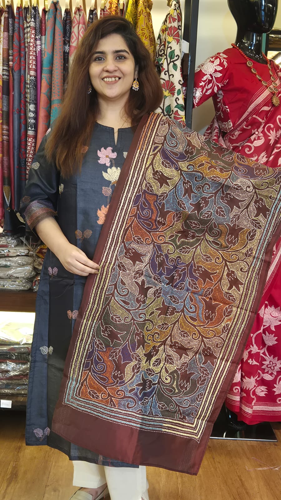 Maroon Paisley Kantha Silk Stole