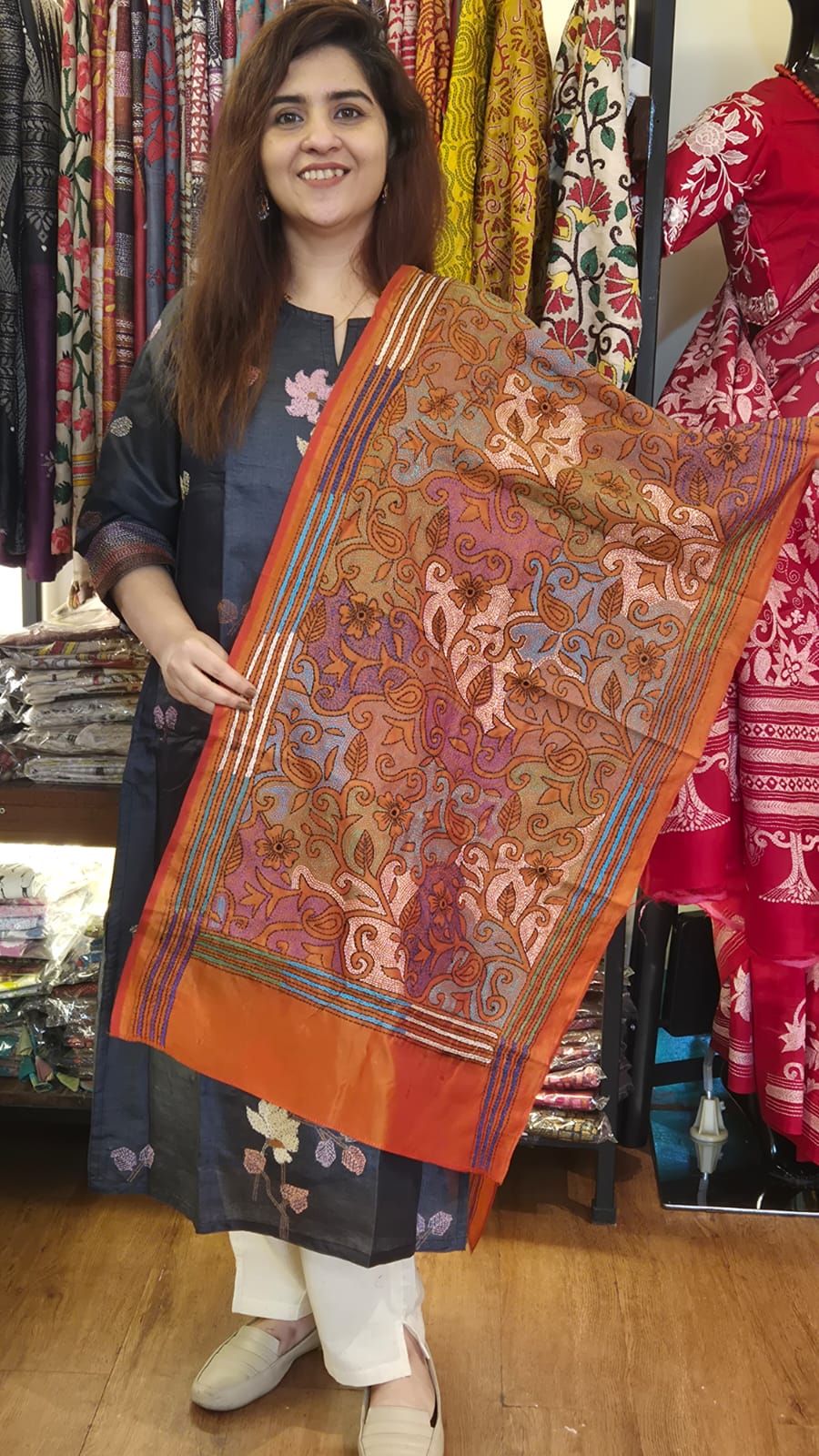Rose Peach Multicolour Kantha Silk Stole