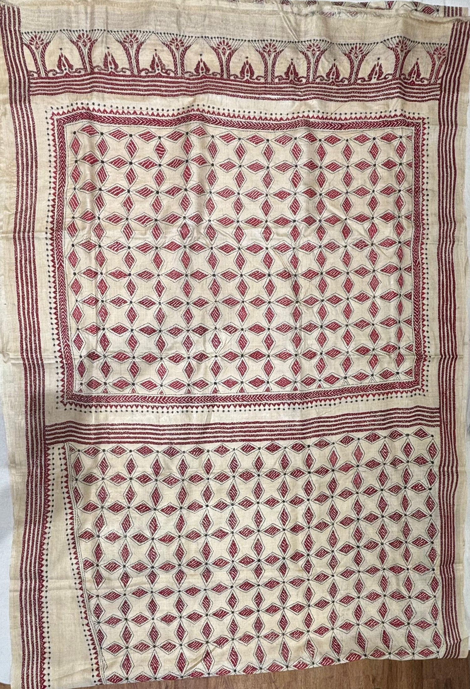 Wine Tussar Saree with kantha Work