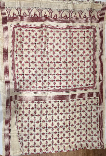 Wine Tussar Saree with kantha Work