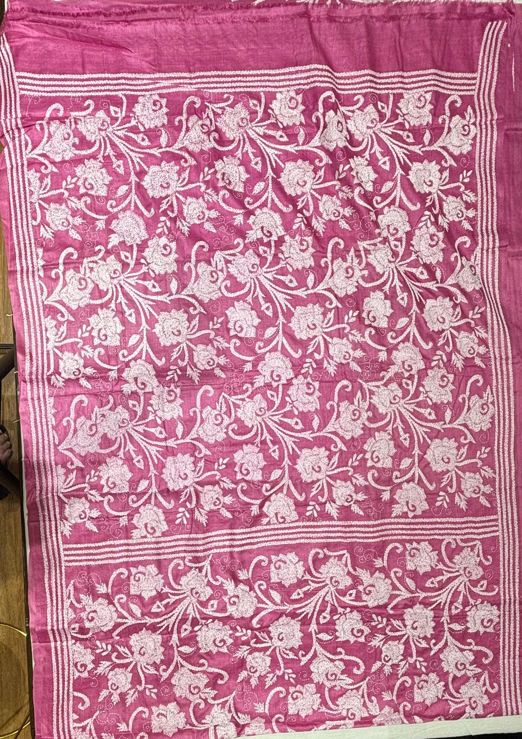 Dark Pink Floral Dyed Tussar Saree