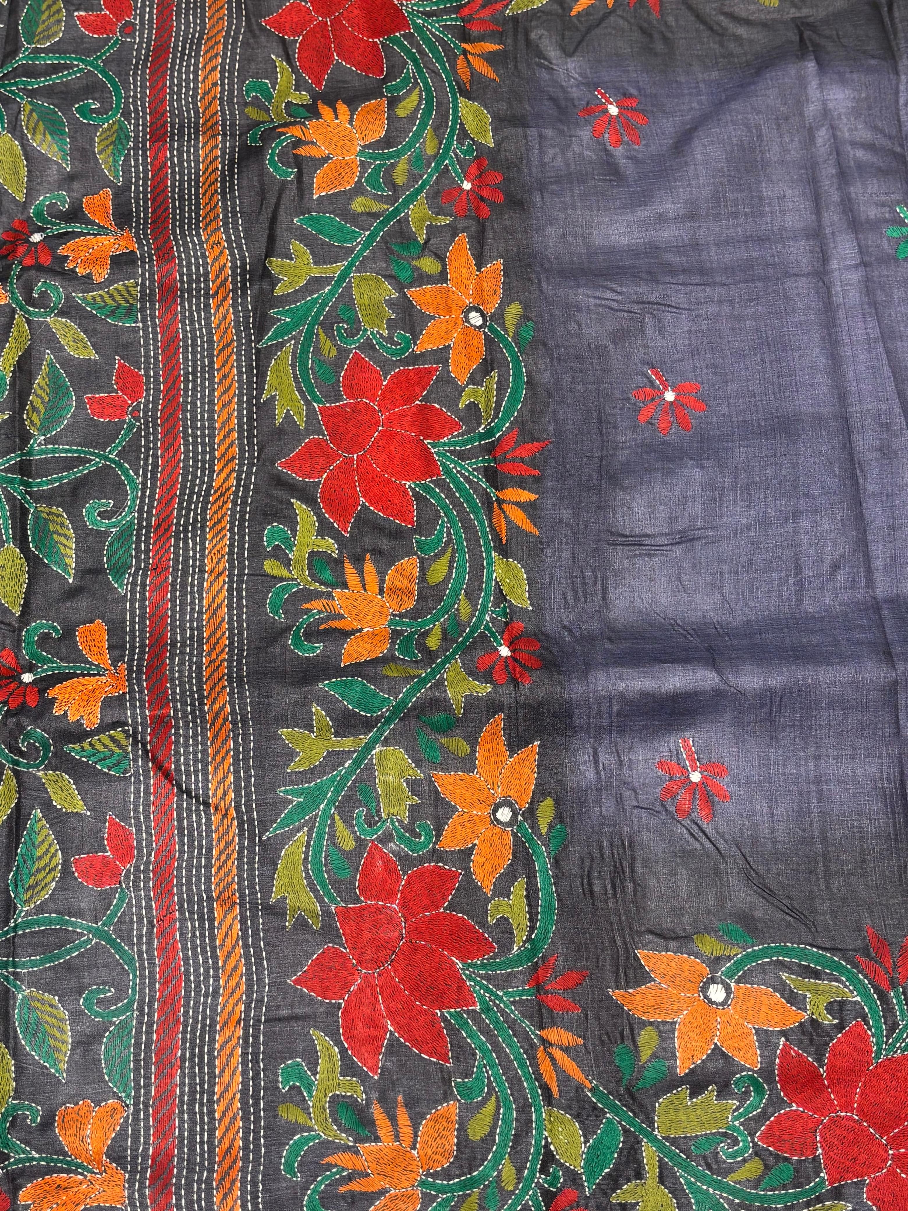 Black Dyed Floral Design Tussar Saree