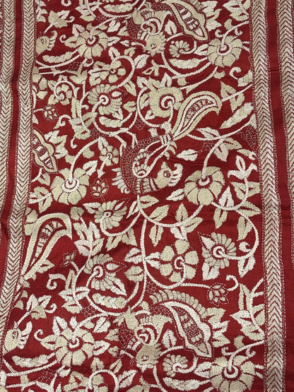 Red &amp; White Floral Tussar Saree