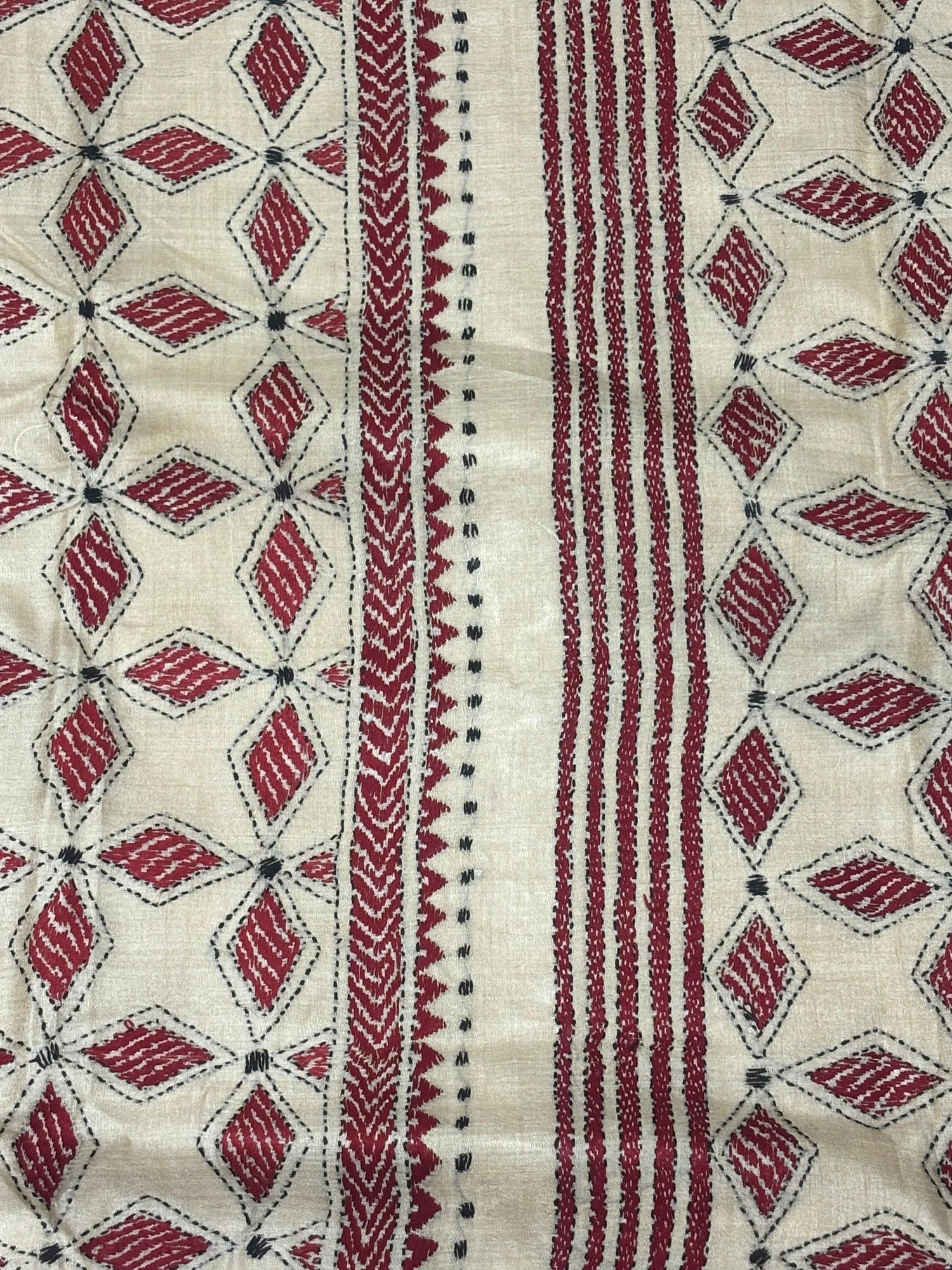 Wine Tussar Saree with kantha Work