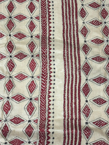 Wine Tussar Saree with kantha Work