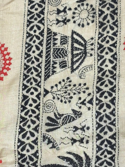 Red &amp; Black Worli design Tussar Saree
