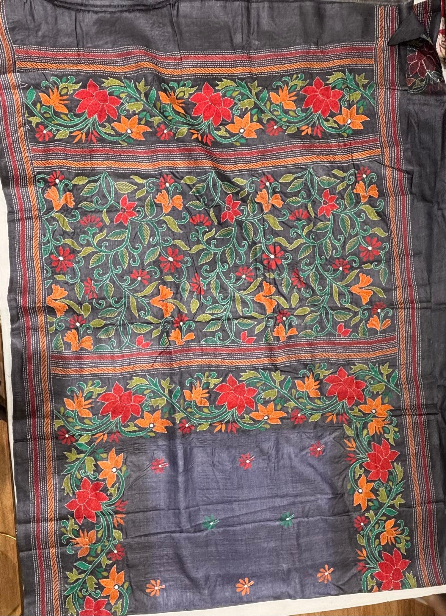 Black Dyed Floral Design Tussar Saree