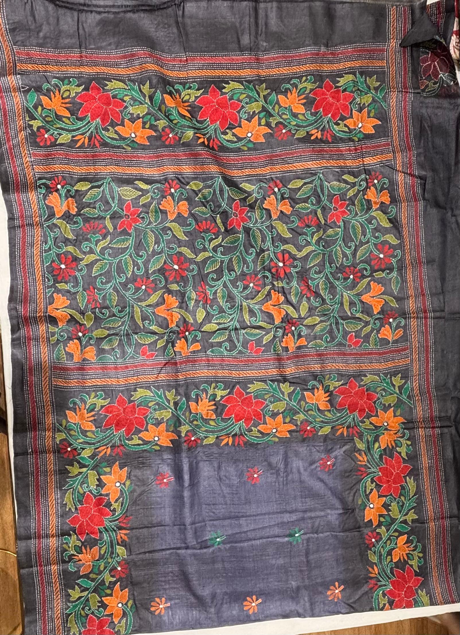 Black Dyed Floral Design Tussar Saree