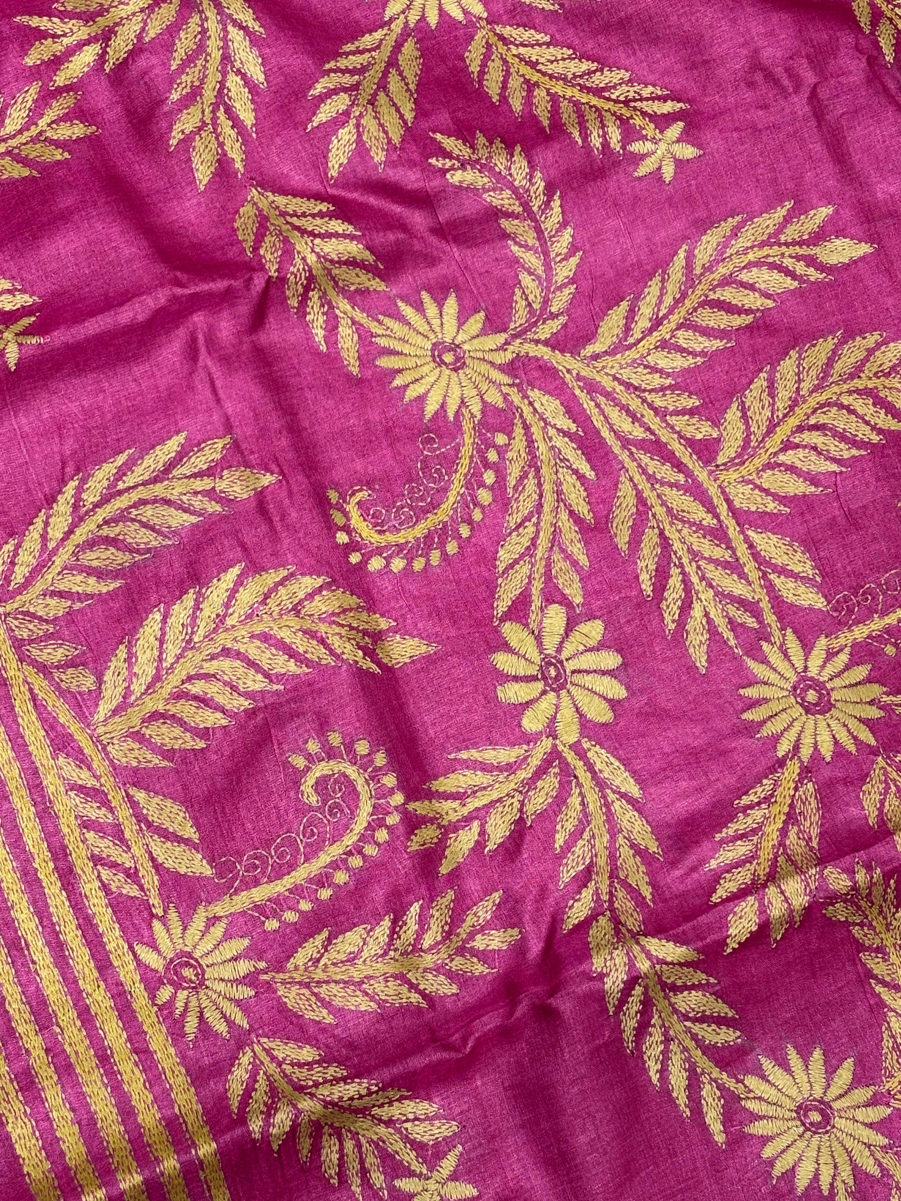 Pink &amp; Light Green Dyed Floral Design  Tussar Saree