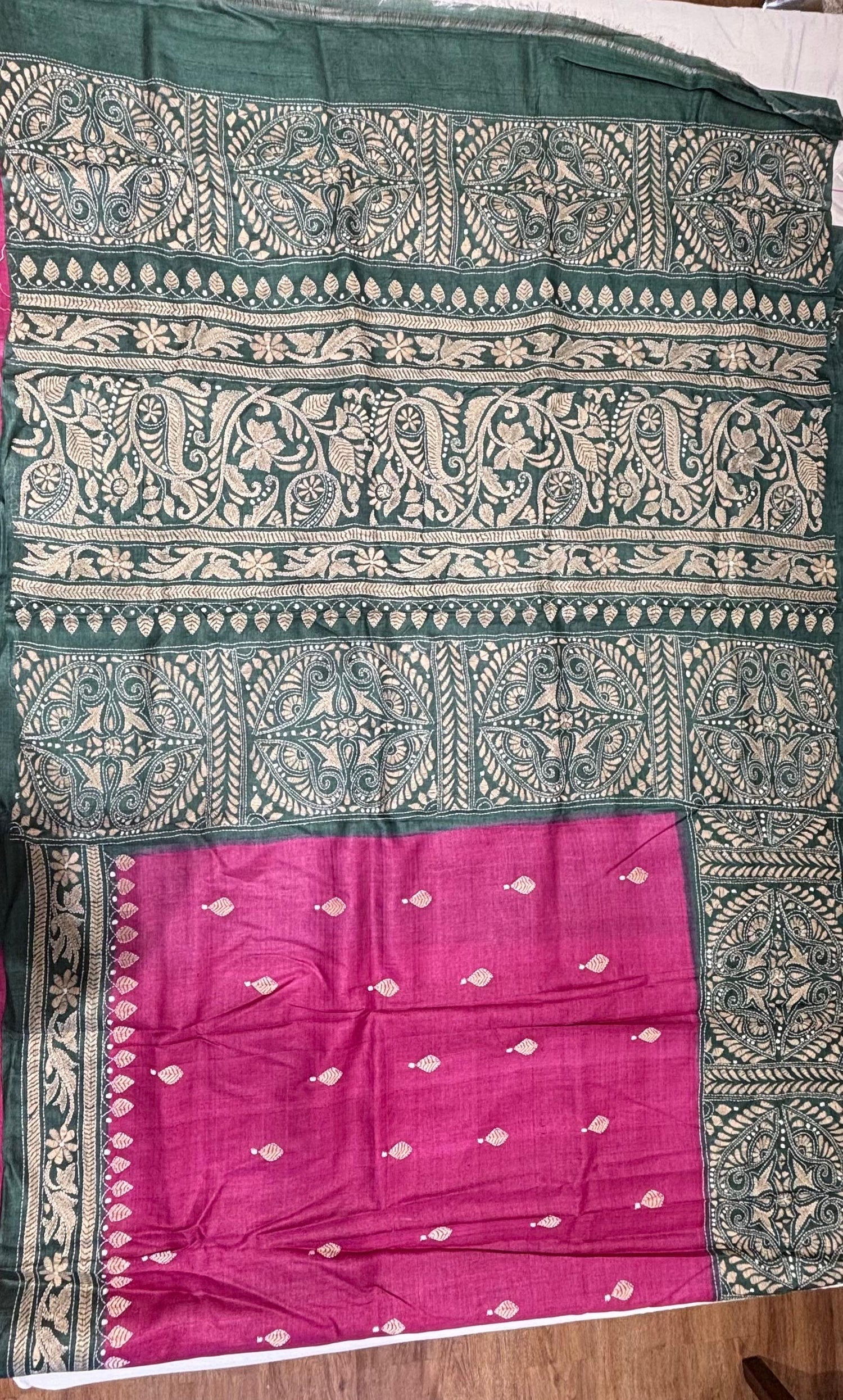 Green &amp; Pink Dyed Tussar Saree