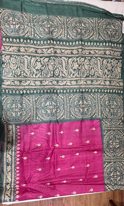 Green &amp; Pink Dyed Tussar Saree